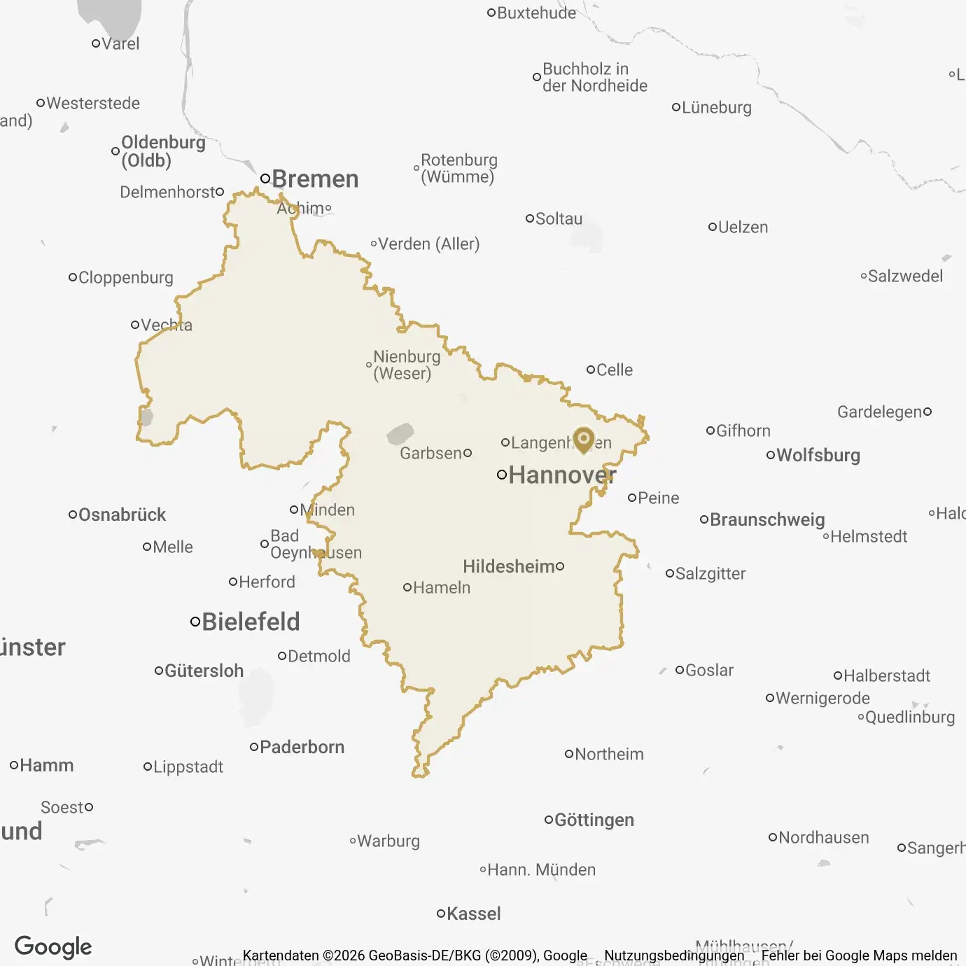 Karte der Curano-Region Hannover mit ihrer Regionsgrenze.