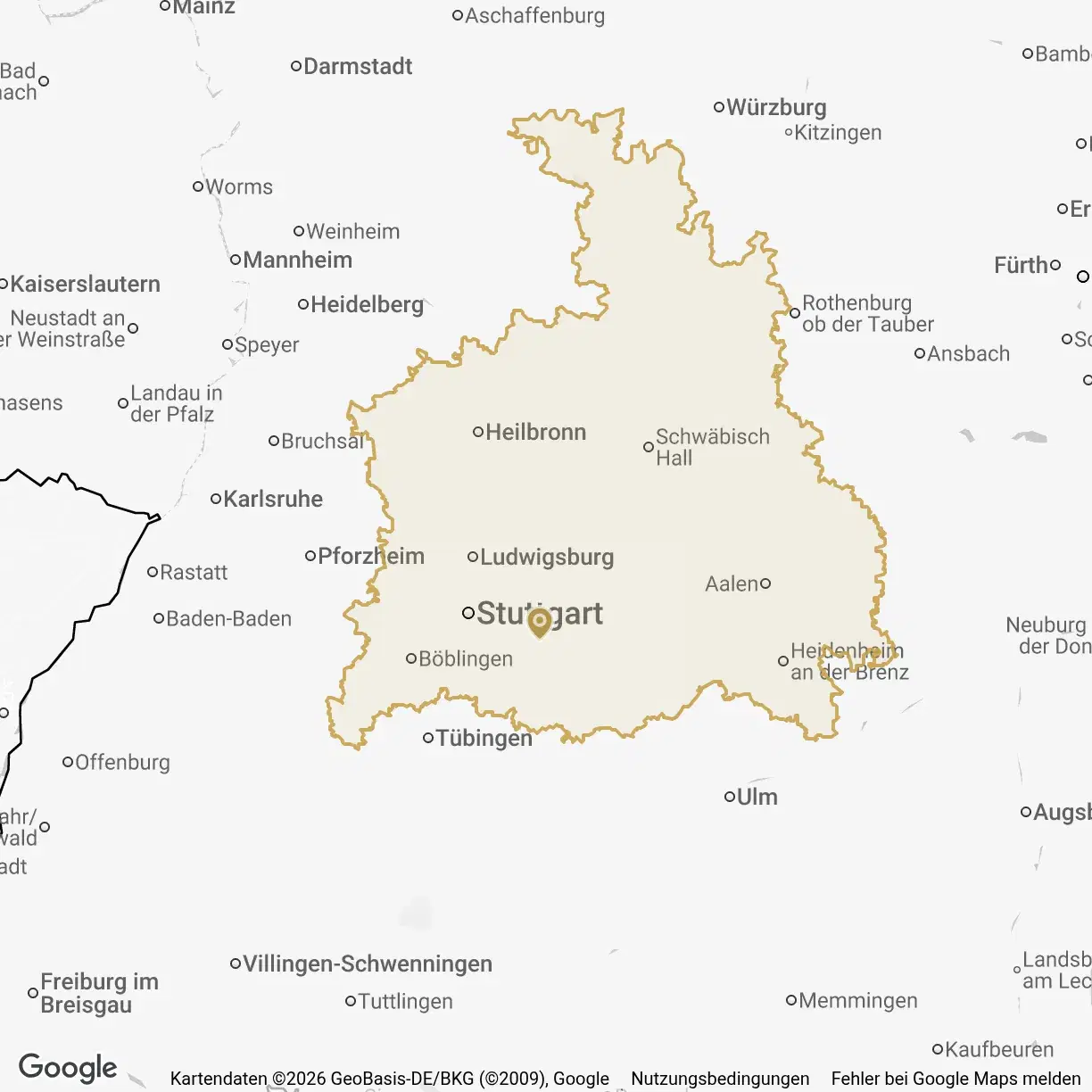 Karte der Curano-Region Stuttgart mit ihrer Regionsgrenze.