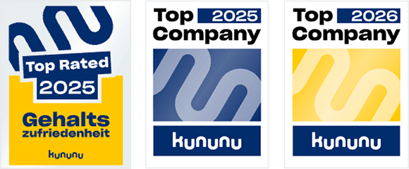 Kununu-Auszeichnungen: Top Rated Gehaltszufriedenheit 2025 sowie Top Company 2025 und 2026