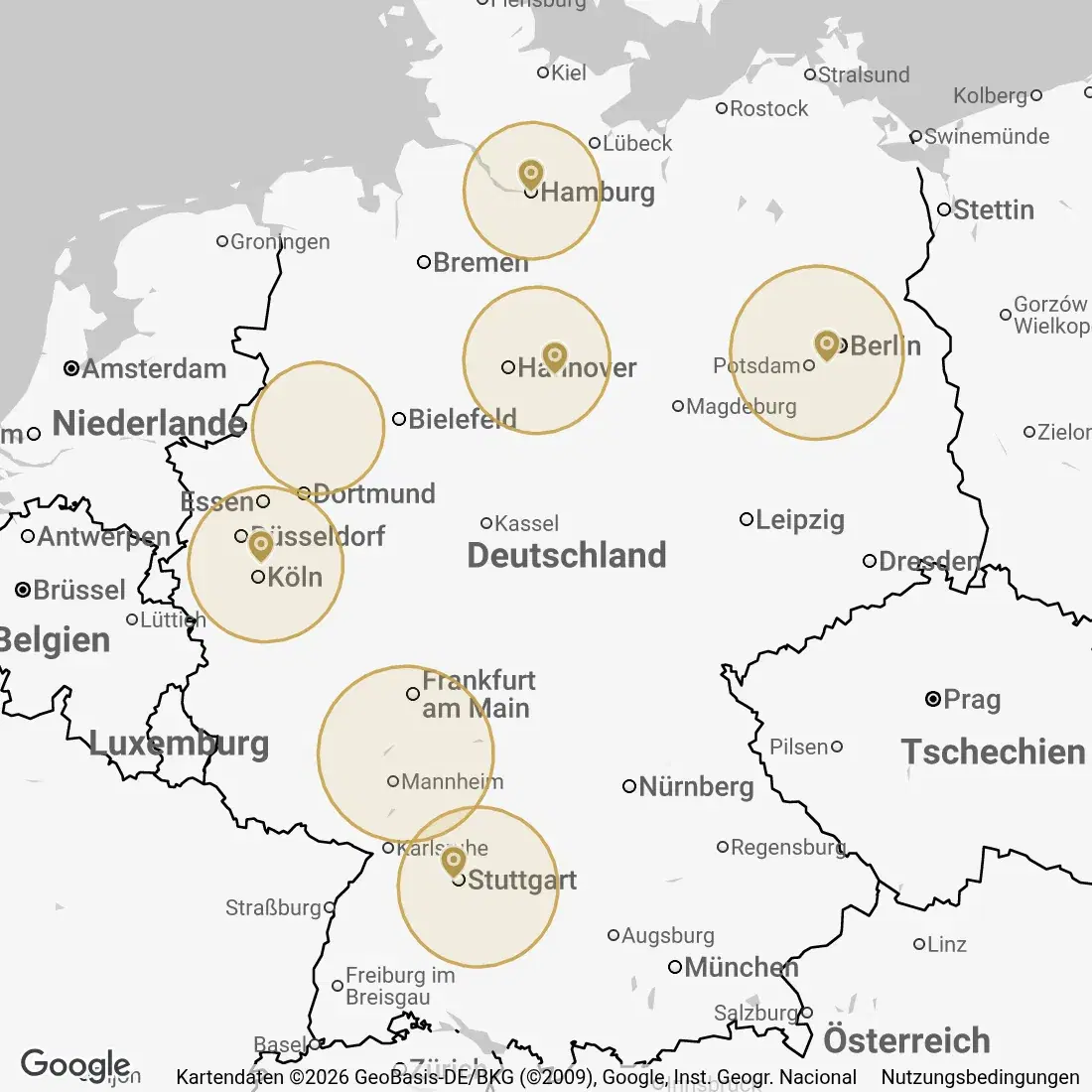 Karte der Curano-Regionen in Deutschland: Berlin/Brandenburg, Hamburg, Rhein-Ruhr, Stuttgart, Hannover, Frankfurt am Main und Münster.
